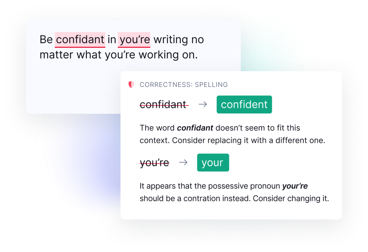 Spelling suggestions correcting confidant to confident and you're to your