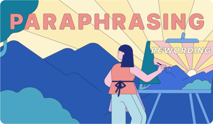 Illustration of a person painting while looking at mountains in the background