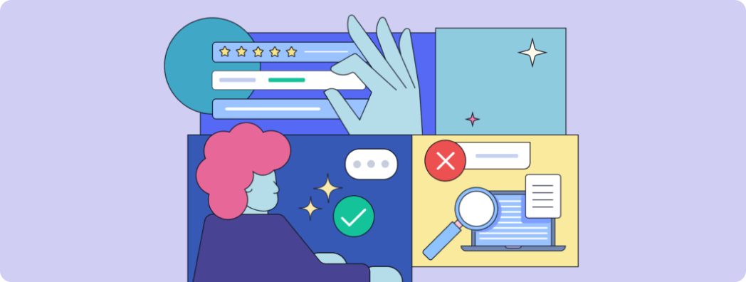 Multiple illustrated icons, including a magnifying glass, toolbar, and stars.