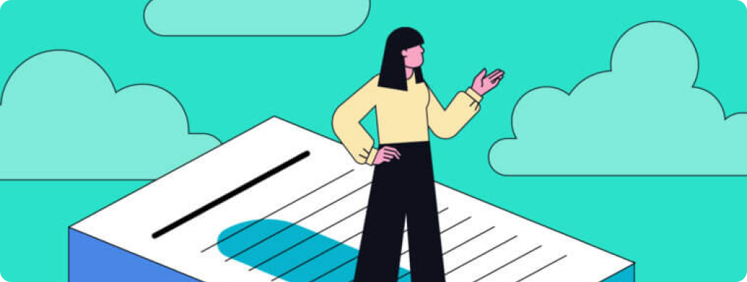 Illustrated person stands on large piece of lined paper with clouds behind them. 