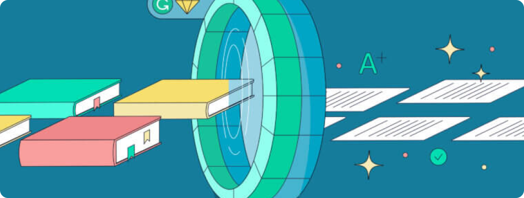 Illustration of citation generator portal with books entering and sparkling papers emerging. 