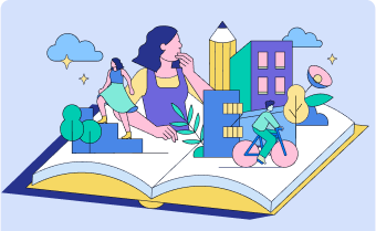 Illustration of a pop-up storybook with houses, a pencil, and people.