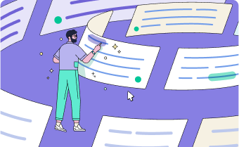 Illustration of a person writing on large flying papers circling above their head.