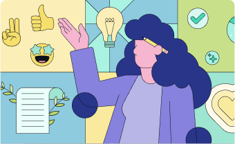 Illustration of a person with a raised hand and a pencil behind their ear.