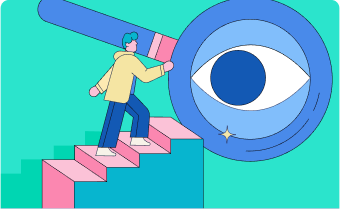 Illustration of a person climbing stairs toward a large magnifying glass.