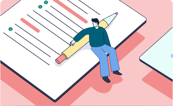 Illustration of a small person sitting atop a large paper holding a giant pencil.