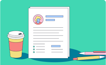 Illustration of a résumé, coffee cup, and pencils.