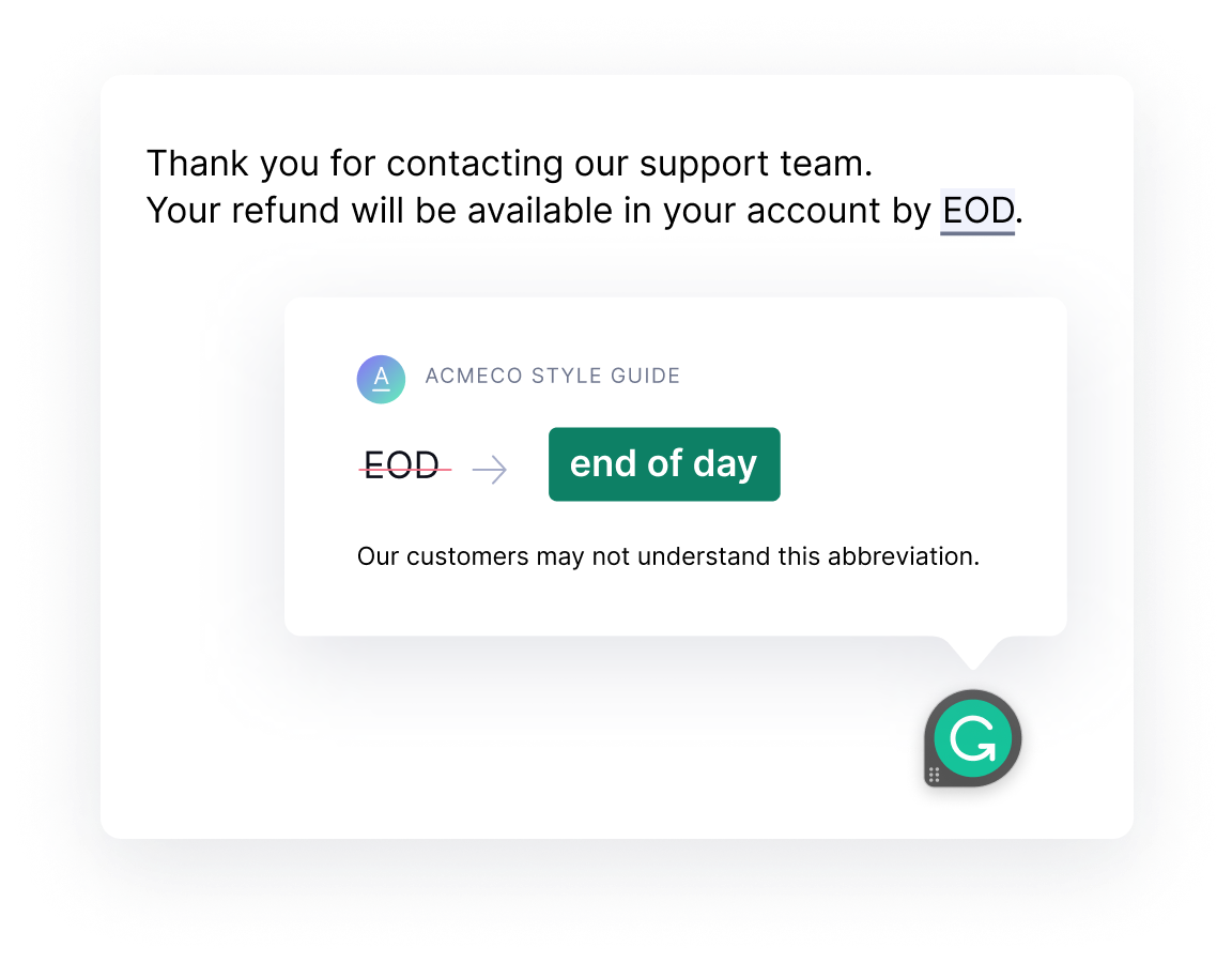 Grammarly suggests phrases from your business's style guide