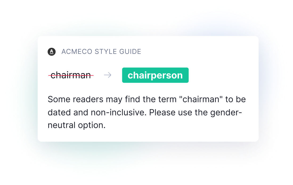 Grammarly's style guide encouraging inclusion by changing "chairman" to "chairperson".