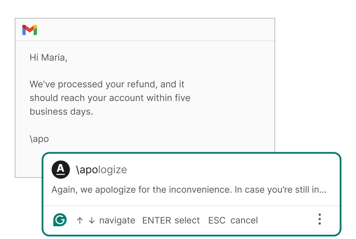 Example of how Grammarly snippets can speed up workflows
