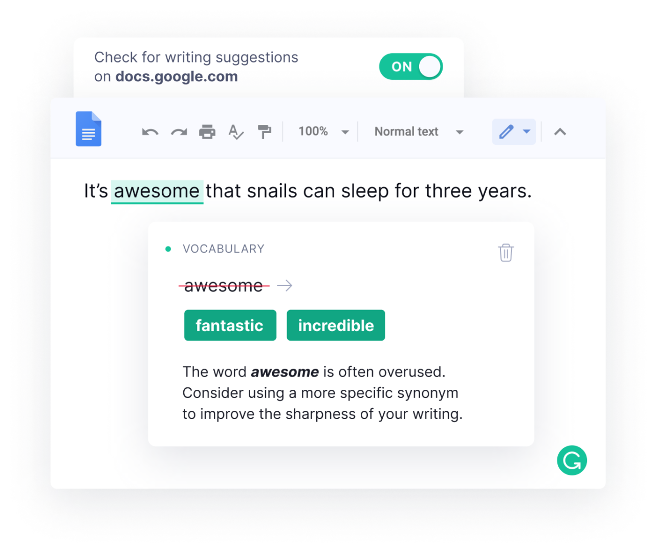 Example of a Google doc vocabulary suggestion